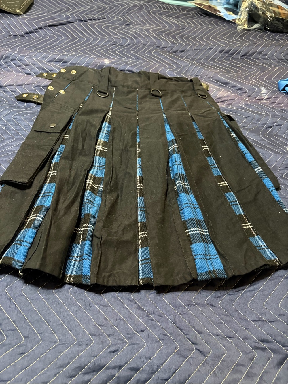 Men’s Black and Blue Plaid Pleated Utility Kilt Skirt
